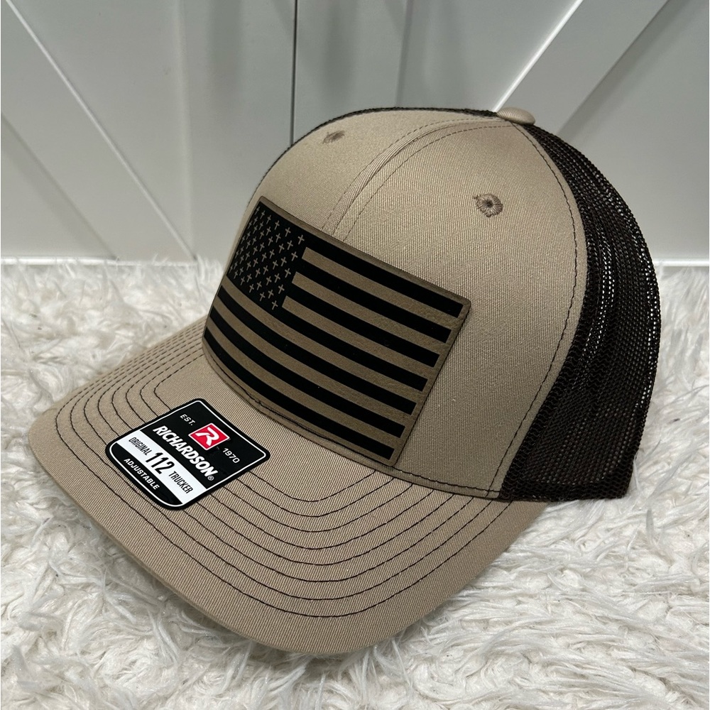 Laser engraved, American flag crosses. Richardson 112 trucker hat.